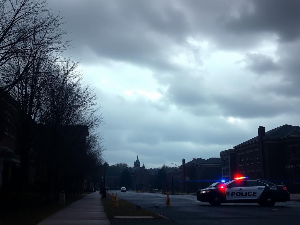 Flick International Overcast sky over deserted University of Massachusetts Lowell campus with police presence