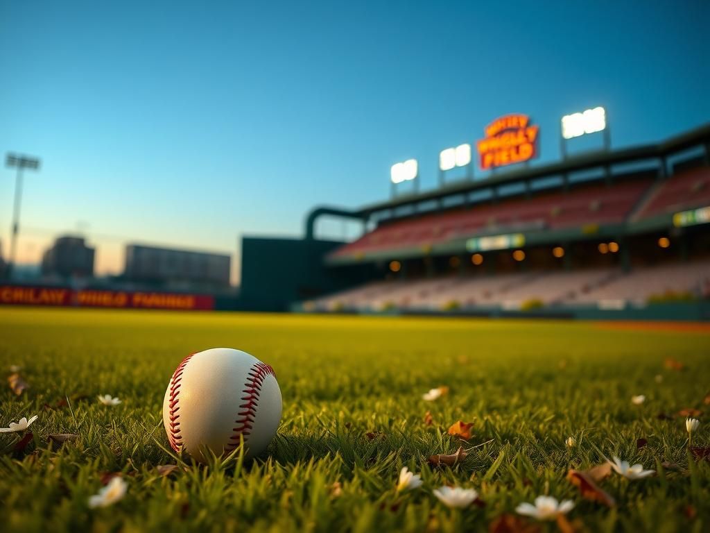 Flick International Poignant view of Wrigley Field at dusk with baseball and flowers
