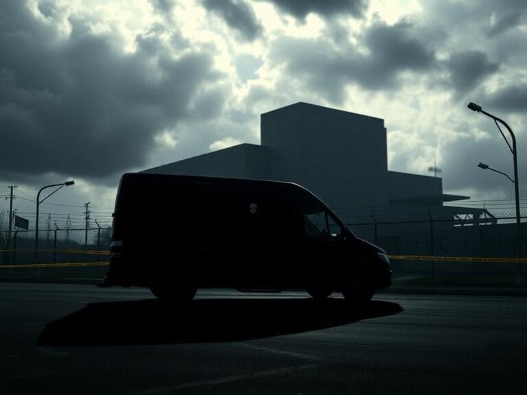 Flick International Dark, moody scene of an unmarked black van parked under a government-like building with masked shadows