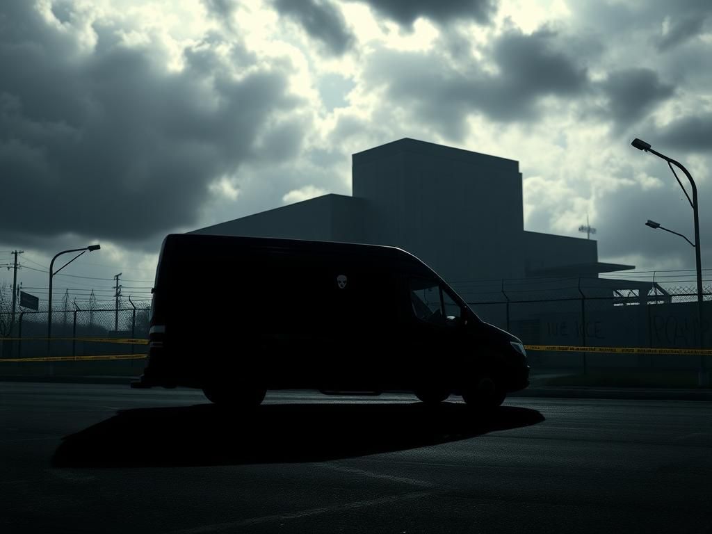 Flick International Dark, moody scene of an unmarked black van parked under a government-like building with masked shadows