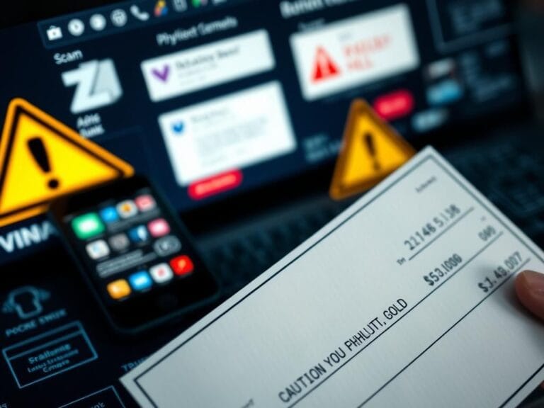 Flick International Close-up of a deceptive check amidst technology and finance symbols