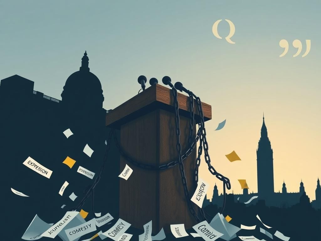 Flick International Weathered podium with microphones symbolizing freedom of speech under threat