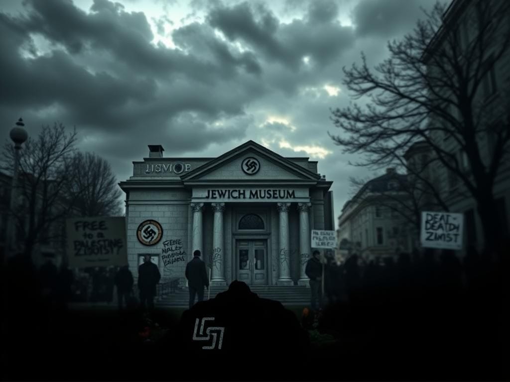Flick International Dark urban landscape featuring a Jewish Museum facade marked by graffiti, including a defaced swastika, illustrating recent antisemitic vandalism.