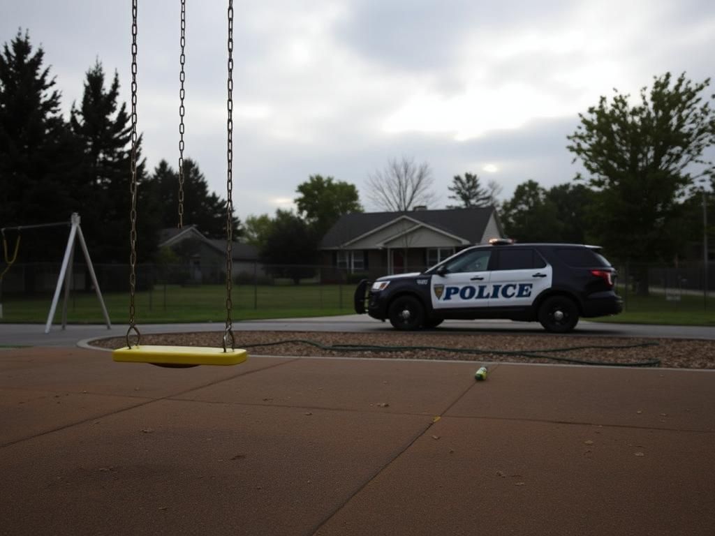 Flick International Somber playground scene with a single swing representing childhood innocence