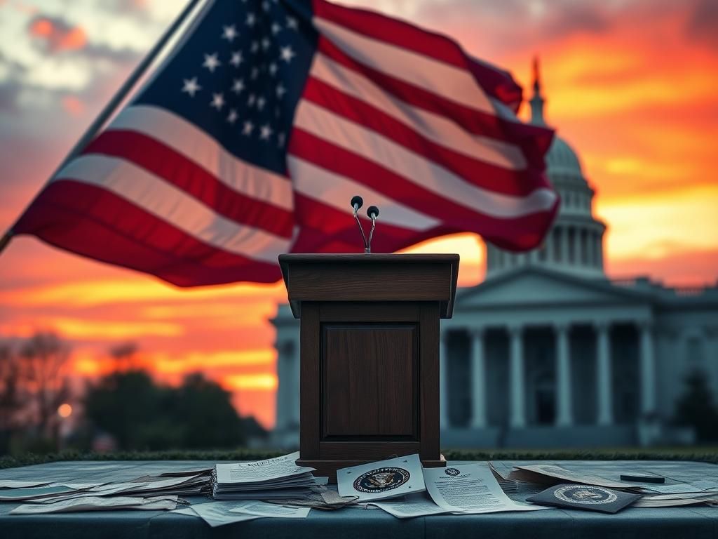 Flick International A large American flag billowing against a sunset sky with an empty podium in the foreground