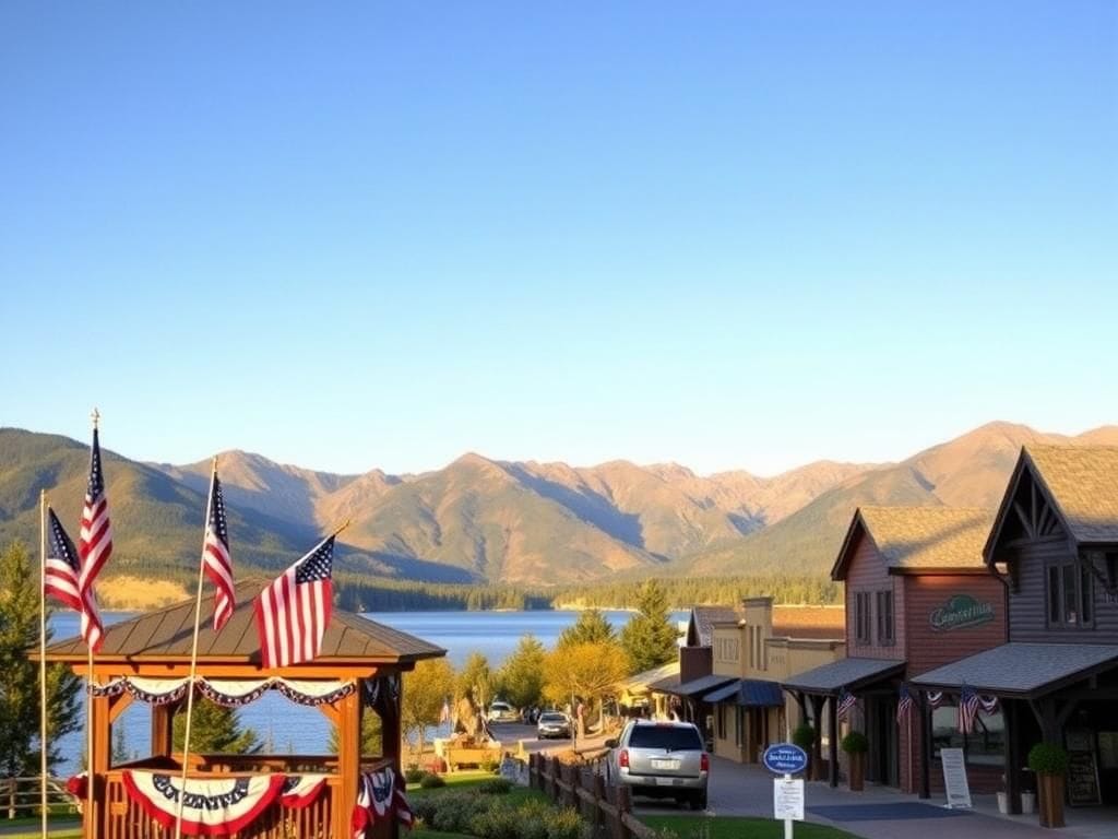 Flick International A serene landscape of Grand Lake, Colorado, with American flags and the Rocky Mountains in the background.