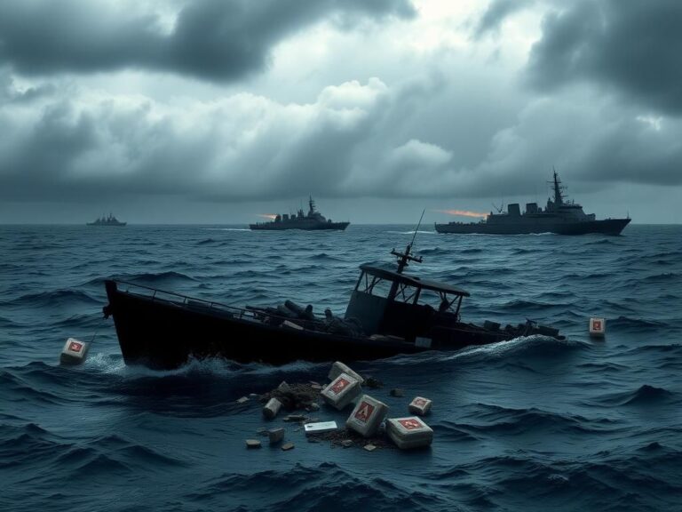 Flick International Dark silhouette of a partially submerged drug cartel boat in turbulent sea