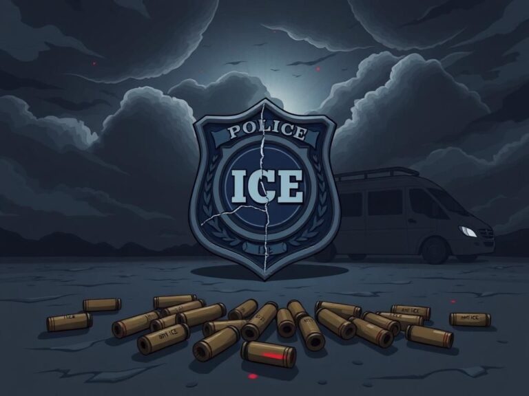Flick International A police badge and ICE insignia against stormy clouds illustrating turmoil