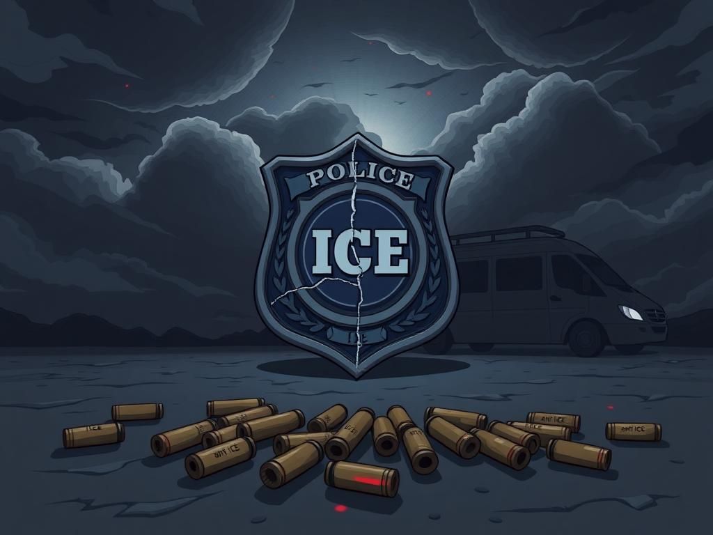 Flick International A police badge and ICE insignia against stormy clouds illustrating turmoil