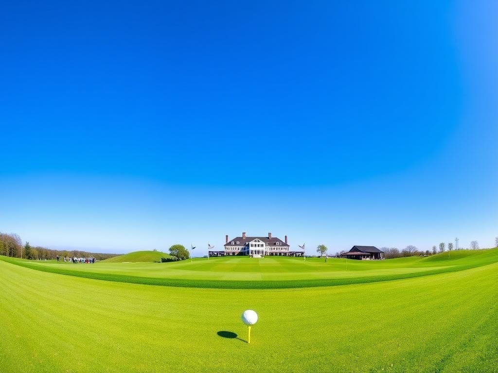 Flick International A panoramic view of Bethpage Black golf course with golf tees and a golf ball awaiting a drive