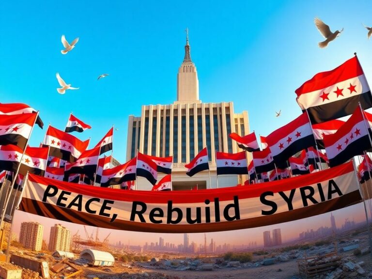 Flick International A panoramic view of the United Nations headquarters with Syrian flags waving in the foreground