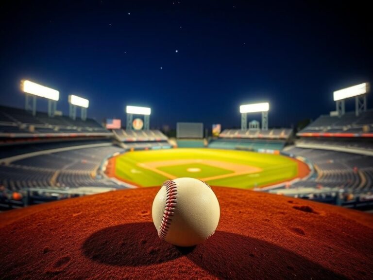 Flick International Dramatic night view of Yankee Stadium with a baseball on the pitcher's mound
