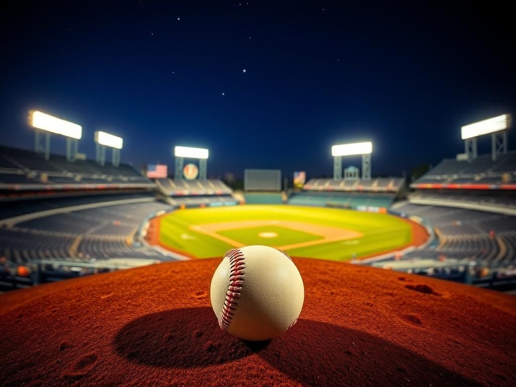 Flick International Dramatic night view of Yankee Stadium with a baseball on the pitcher's mound
