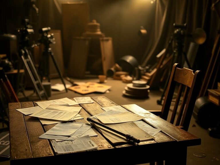 Flick International A dimly lit film set with an empty wooden chair and scattered scripts symbolizing the chaotic nature of Hollywood