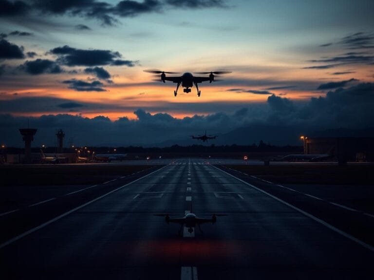Flick International Dramatic twilight scene over a deserted airport runway with ominous-looking drones hovering