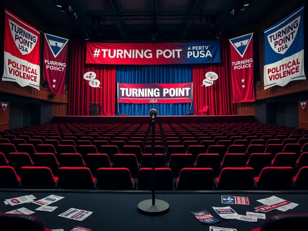 Flick International An empty microphone spotlighted on stage at a Turning Point USA event, symbolizing a heated political debate.