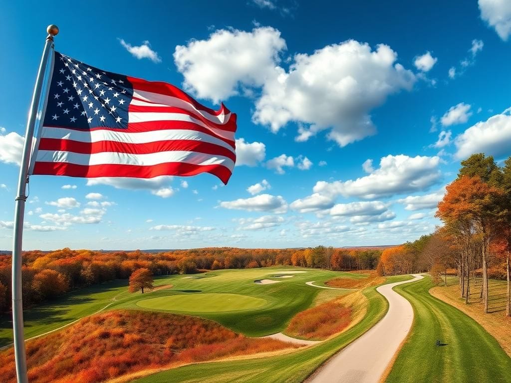 Flick International Aerial view of Bethpage Black golf course with American flag