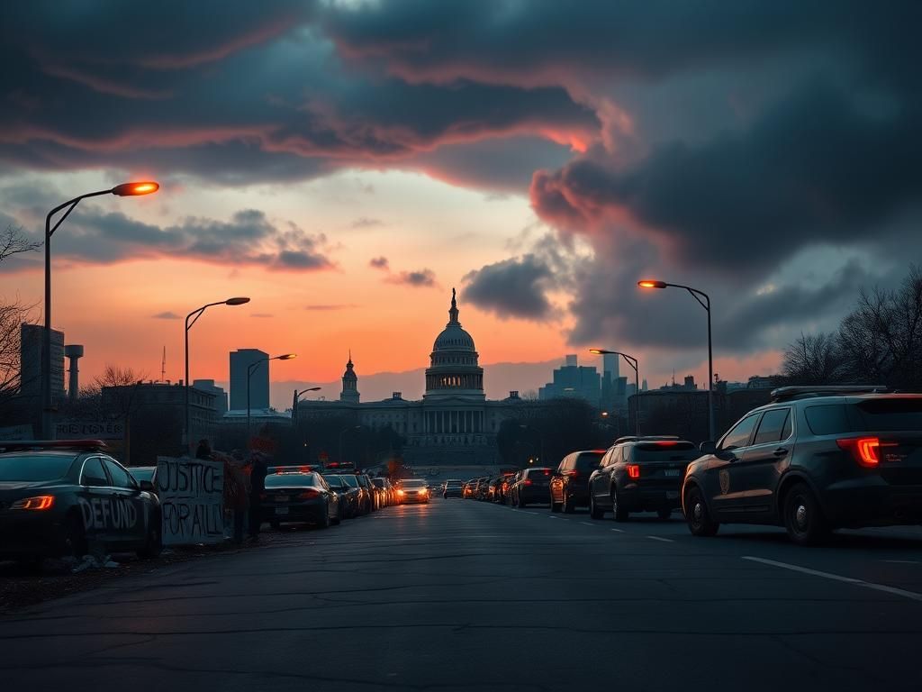 Flick International A somber cityscape at dusk showing deserted streets with protest signs and graffiti symbolizing anti-authoritarian sentiments