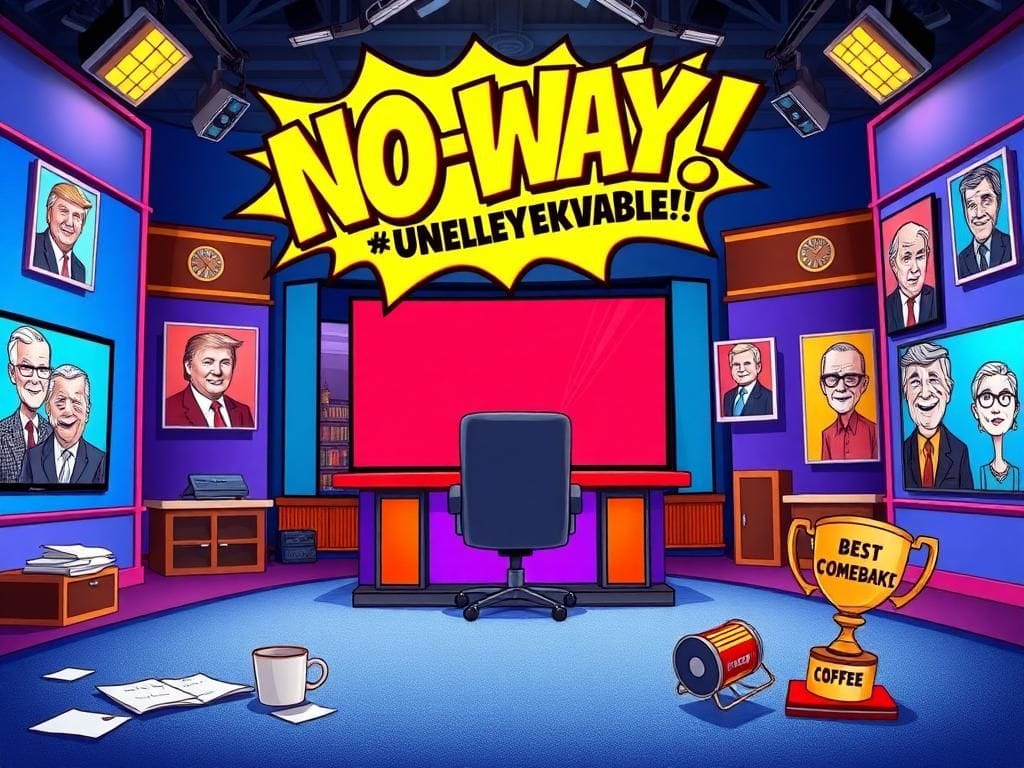 Flick International Brightly lit late-night television studio set featuring an oversized desk and an empty chair.