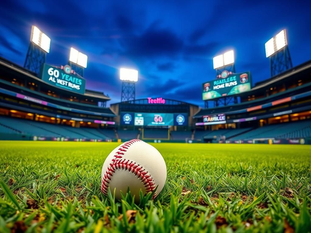 Flick International A baseball lying in the infield grass at T-Mobile Park, symbolizing Cal Raleigh's 60th home run celebration.