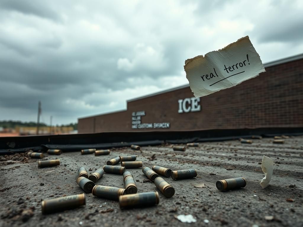 Flick International U.S. ICE facility exterior under a grey sky with rifle cartridges and a handwritten note