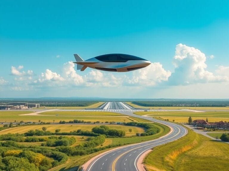 Flick International Futuristic electric flying car Model A taking off vertically in a clear sky above a modern airport runway.
