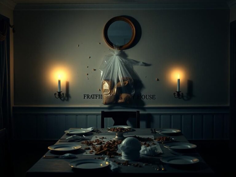 Flick International Scene depicting a wall splattered with a clear plastic bag containing pork inside a fraternity house during Rosh Hashanah.