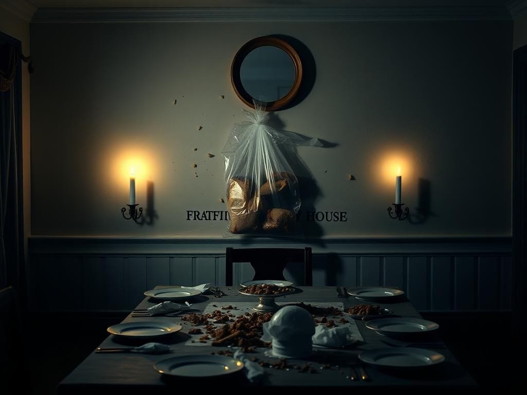 Flick International Scene depicting a wall splattered with a clear plastic bag containing pork inside a fraternity house during Rosh Hashanah.