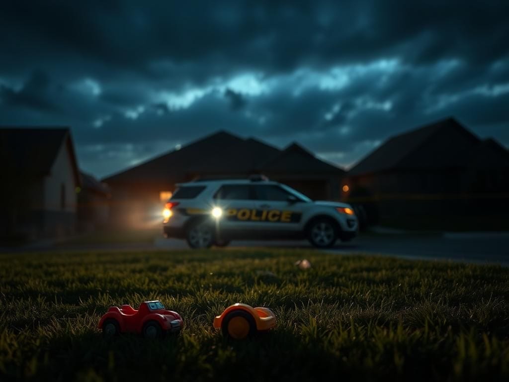 Flick International A dark suburban scene with a neglected children's toy and law enforcement SUV