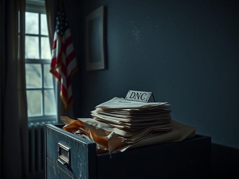 Flick International An open, dusty filing cabinet overflowing with crumpled financial documents and a tarnished brass nameplate reading 'DNC'.