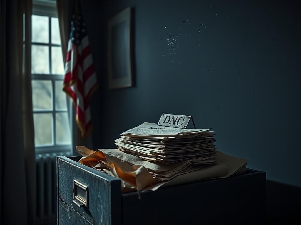 Flick International An open, dusty filing cabinet overflowing with crumpled financial documents and a tarnished brass nameplate reading 'DNC'.