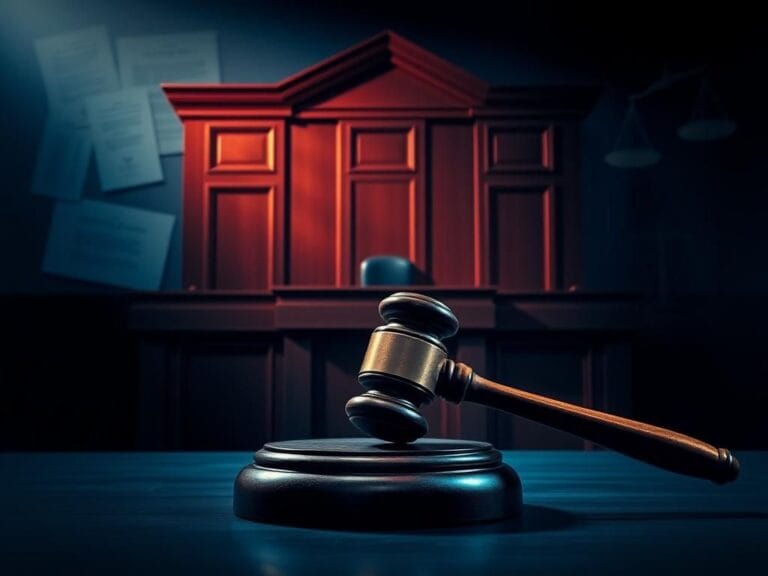 Flick International A striking courtroom scene with a wooden bench and gavel symbolizing justice