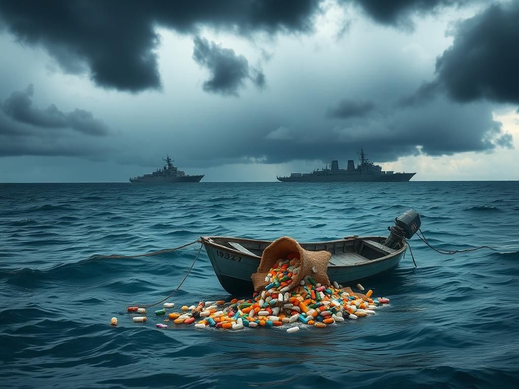 Flick International Abandoned fishing boat in Caribbean surrounded by spilled pharmaceuticals amid dark stormy skies