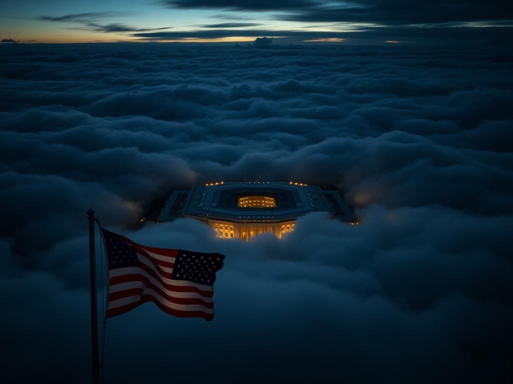Flick International Aerial view of the Pentagon complex at dusk with an American flag in the foreground
