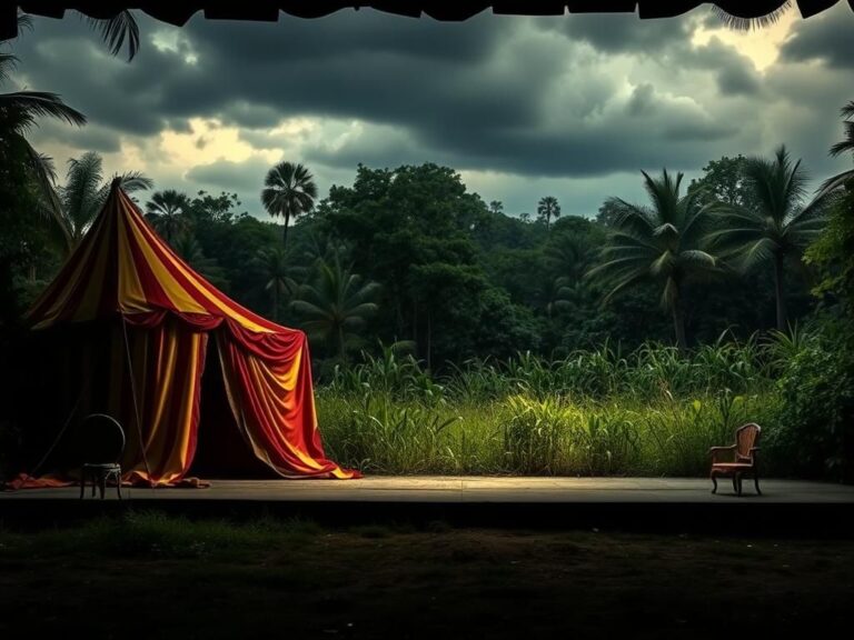 Flick International Lush Oklahoma tiger preserve scene with collapsed circus tent and hidden tiger silhouette