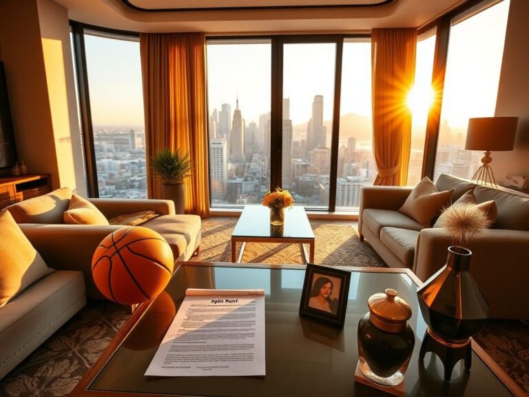 Flick International Luxurious apartment living room with city skyline views and a split rent agreement document on the coffee table