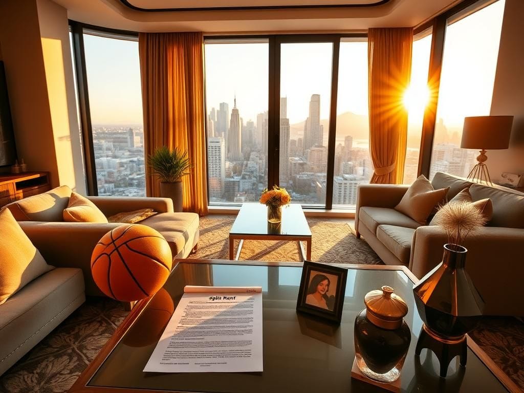 Flick International Luxurious apartment living room with city skyline views and a split rent agreement document on the coffee table