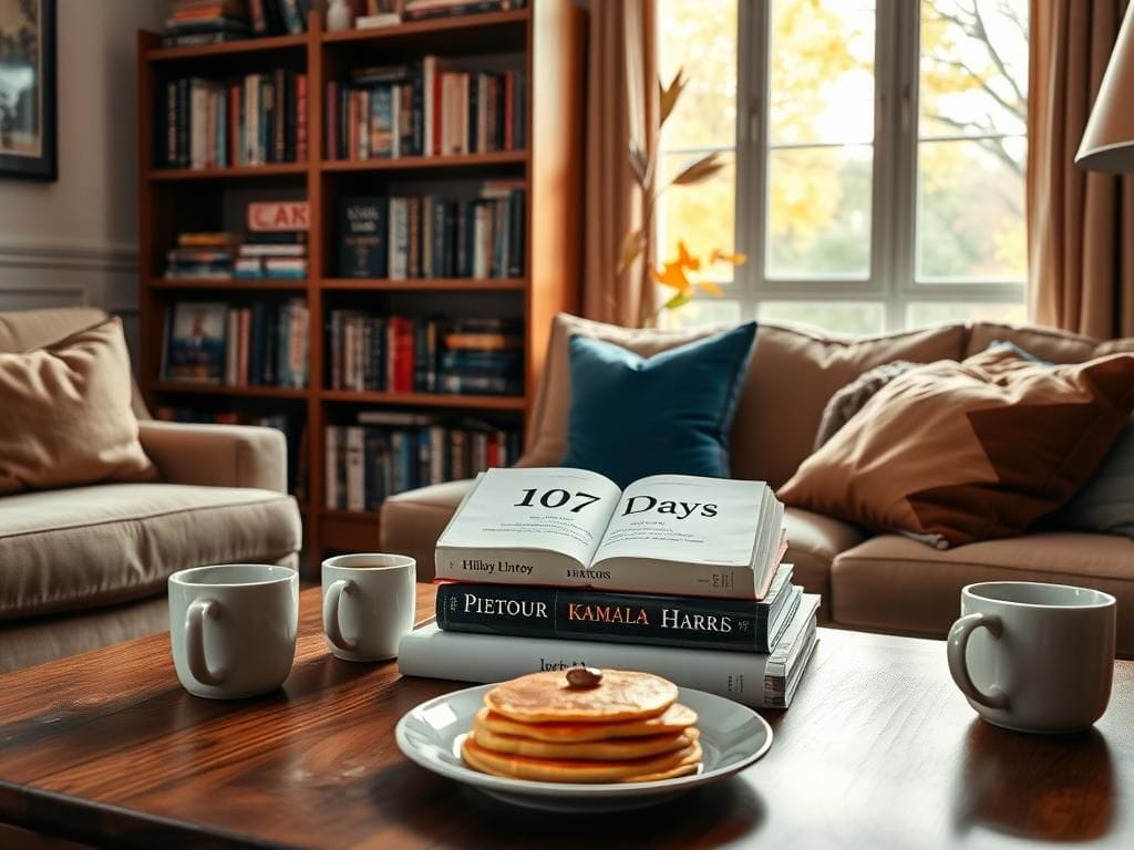 Flick International Cozy living room scene with memoir '107 Days', coffee mugs, and colorful pancakes, symbolizing political camaraderie.