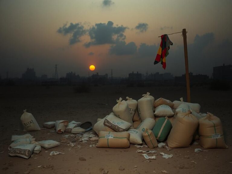Flick International An abandoned distribution site in Gaza, surrounded by scattered humanitarian aid bags under a smoky twilight sky.