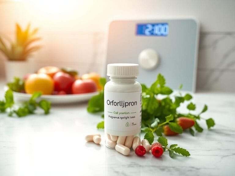 Flick International Close-up of a modern pill bottle labeled 'Orforglipron' on a marble countertop surrounded by fresh herbs and fruits.