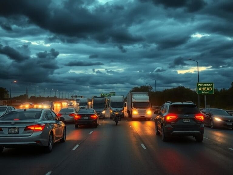 Flick International A turbulent multi-lane highway at dusk filled with various vehicles exhibiting signs of aggressive driving.