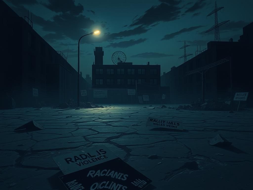 Flick International Dark urban landscape at twilight with shadowy buildings and a dilapidated warehouse