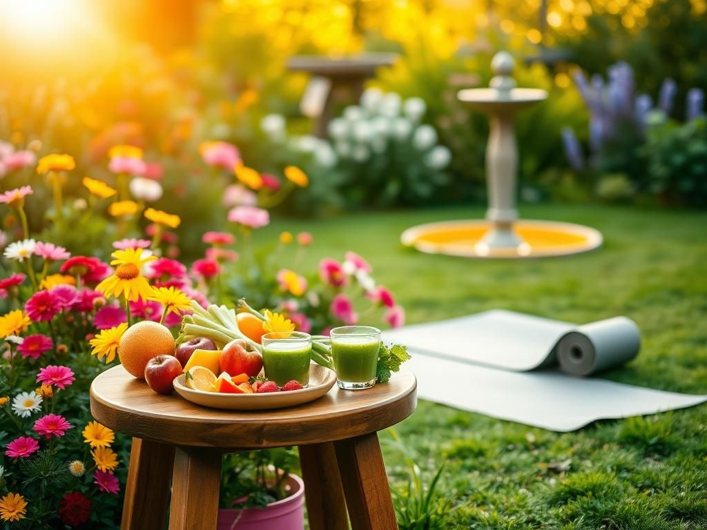 Flick International A serene outdoor garden at sunrise with vibrant flowers and a healthy breakfast spread