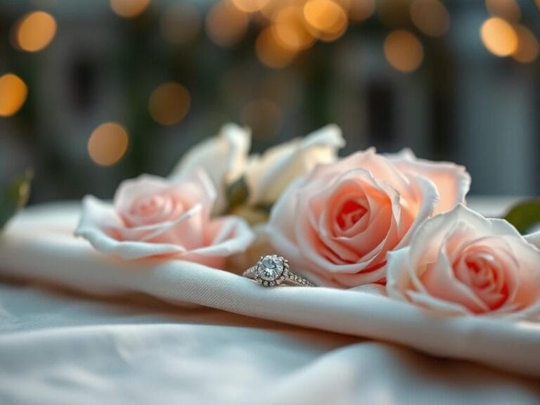 Flick International Vintage engagement ring on softly textured fabric surrounded by white and blush roses