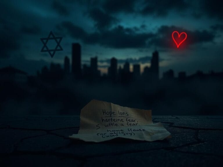 Flick International Dimly lit cityscape of Chicago at dusk, depicting homes and neighborhoods with a child's handwritten note on the pavement.