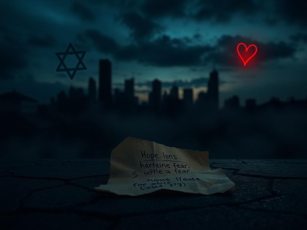 Flick International Dimly lit cityscape of Chicago at dusk, depicting homes and neighborhoods with a child's handwritten note on the pavement.