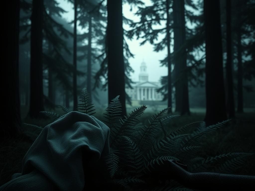 Flick International A dimly lit forest scene with a Mauser .30-06 rifle partially revealed behind ferns, suggesting concealment and danger.