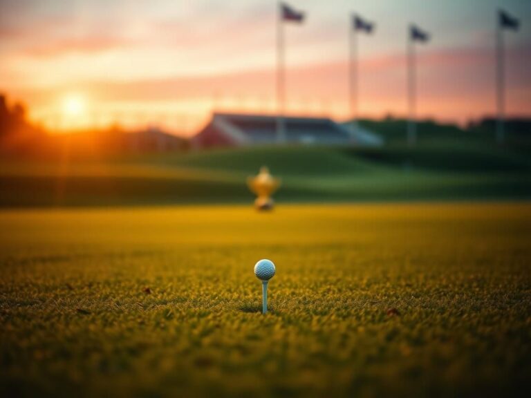 Flick International Serene golf course at dusk with a solitary tee and blurred trophies