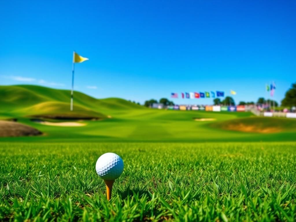 Flick International Vibrant golf landscape at Bethpage Black featuring a pristine golf tee and flags for Team USA and Europe.