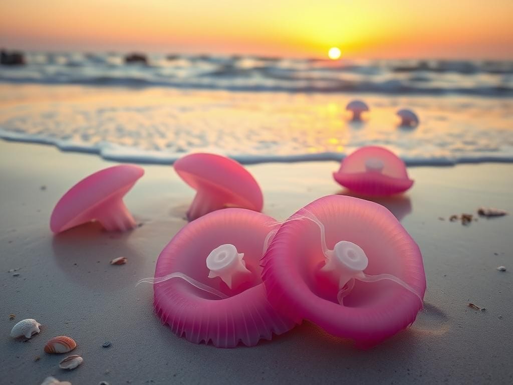 Flick International Several pink meanie jellyfish washed ashore on a tranquil Texas beach during sunset